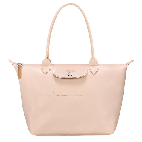 Longchamp Le Pliage Medium Beige Leather Handbag Tote Shoulder Bag