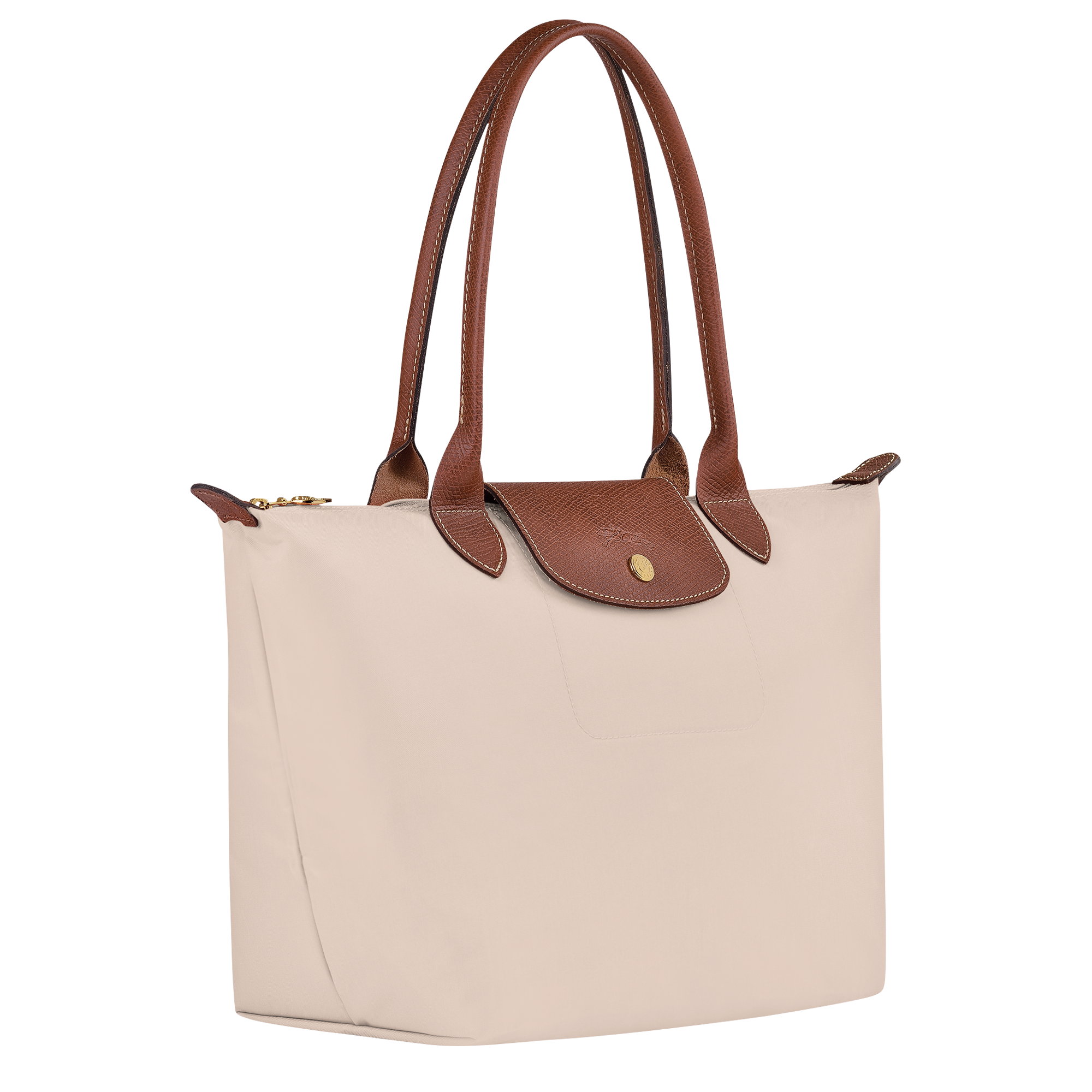 Longchamp Le Pliage Medium Beige Leather Handbag Tote Shoulder Bag
