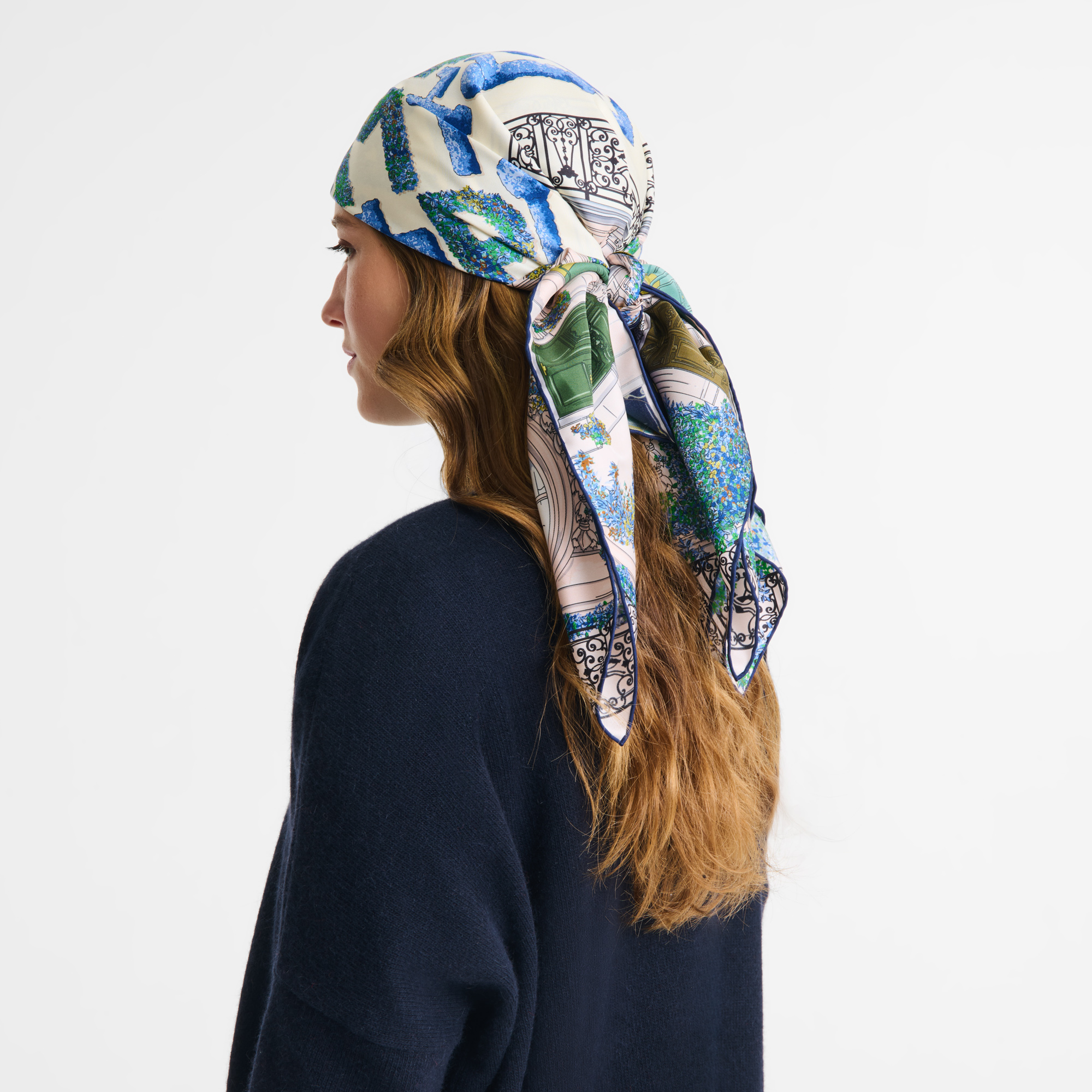 Jardin Parisien Silk scarf 90 Navy - Silk | Longchamp US Jardin Parisien Silk scarf 90 Navy - Silk | Longchamp US