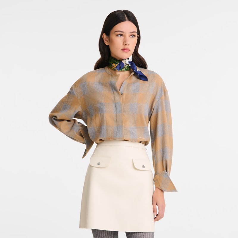 Hemd , Jacquard-Wolle - Camel/Grau  - Ansicht 3 von 4
