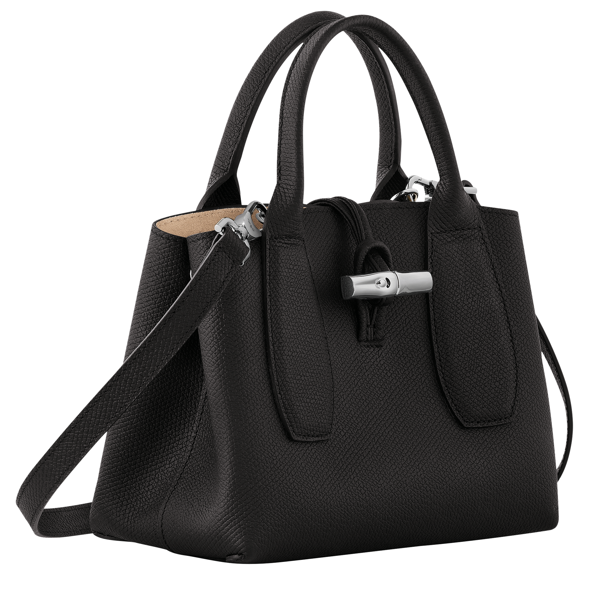 Longchamp Roseau Top Handle Leather Tote Bag Handbag Black Made in France