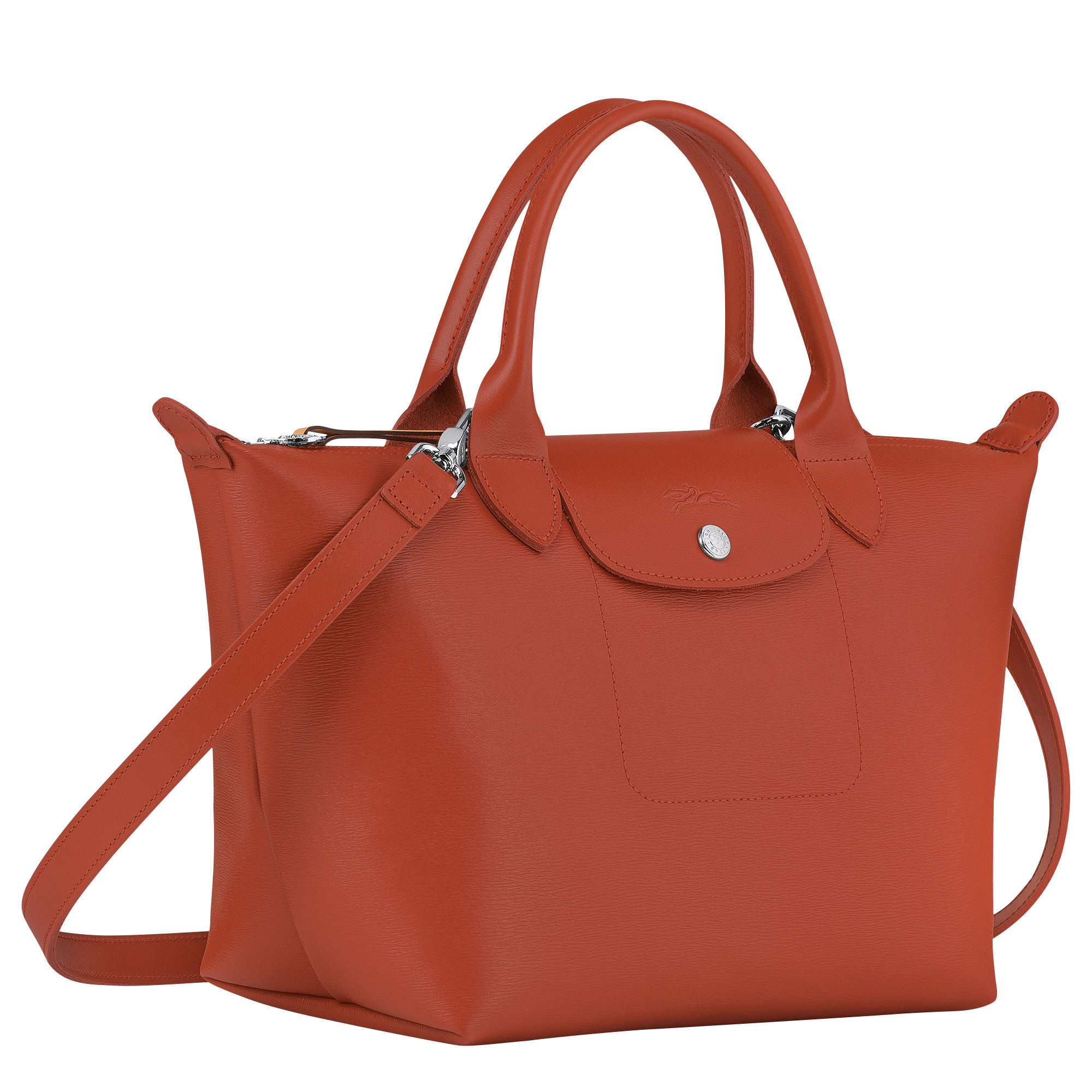 Red and orange canvas and brown leather tote with yellow hardware