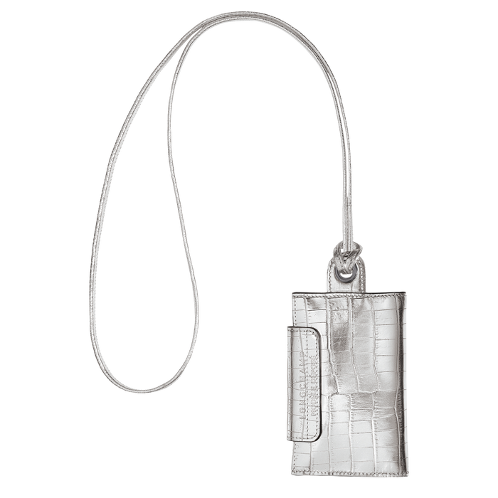 Le Pliage Cuir Croco Card holder with necklace, Silver