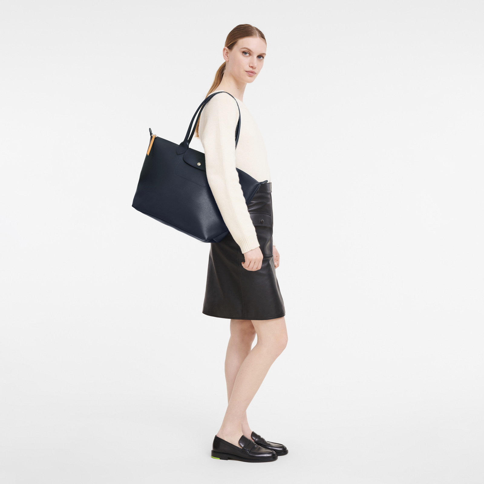 Gusset large nylon tote with pebble leather trim in navy