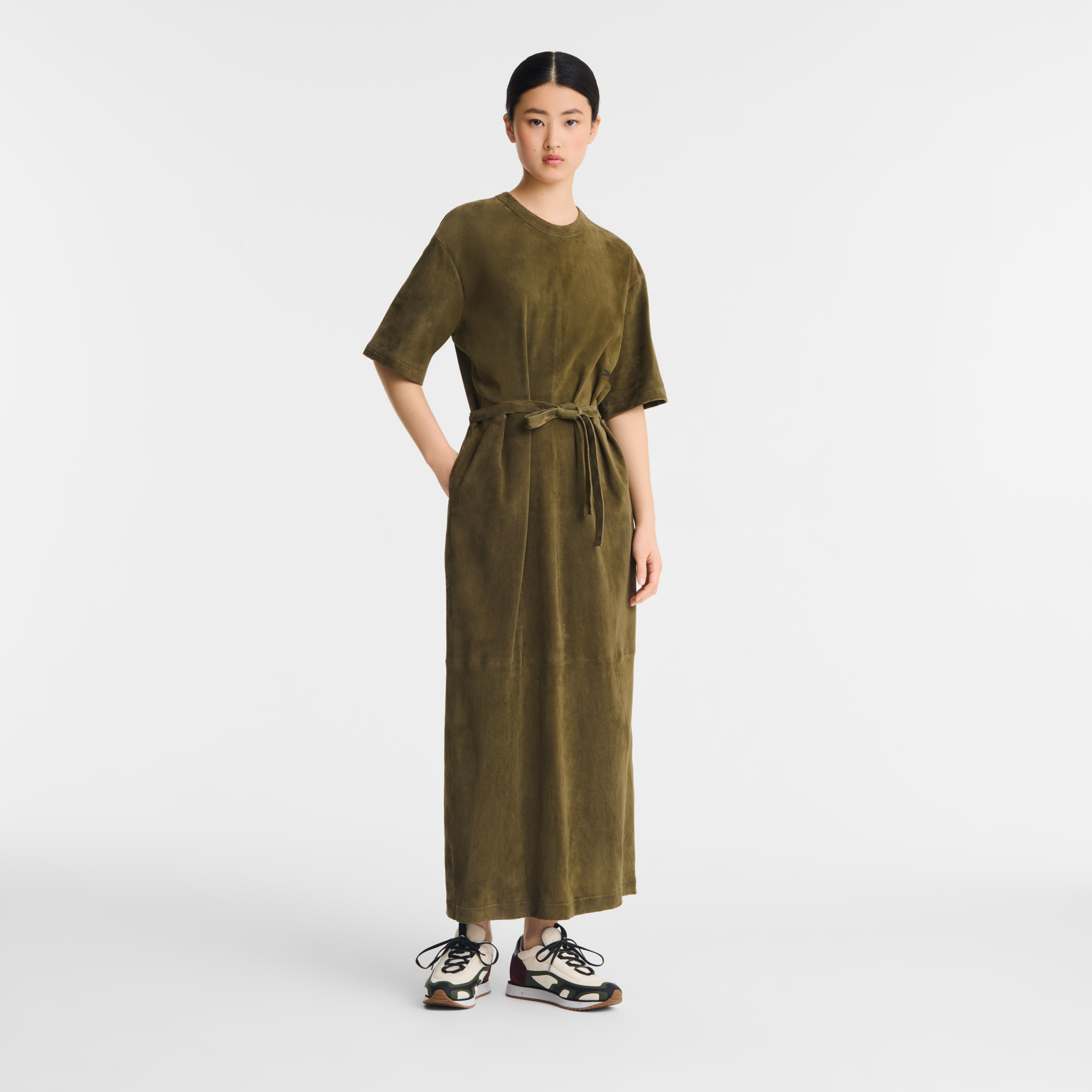 null Vestido comprido em couro, Caqui