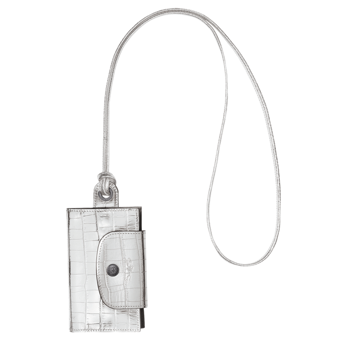Le Pliage Cuir Croco Card holder with necklace, Silver
