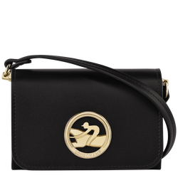 Box-Trot Coin purse with shoulder strap , Black - Leather