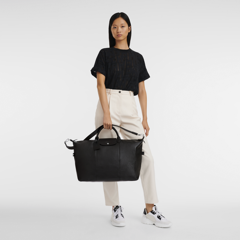 Longchamp 'le Pliage Cuir' Leather Tote in Black