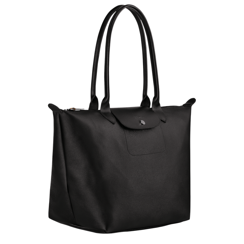 Longchamp Black Coated Canvas Leather Trim Zip Tote Purse size Large